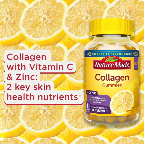 A clean, ingredient-focused ad showcasing Collagen Gummies against a high-contrast lemon background to highlight primary health benefits.